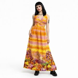 Vintage 1960s Hawaiian Polynesian Psychedelic Novelty Print Tiki Maxi Dress